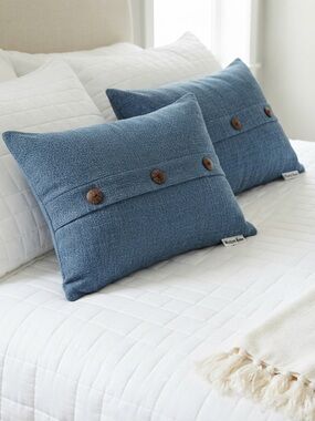 Woven Denim Blue Button Accent Pillow Cases- Home Bedding